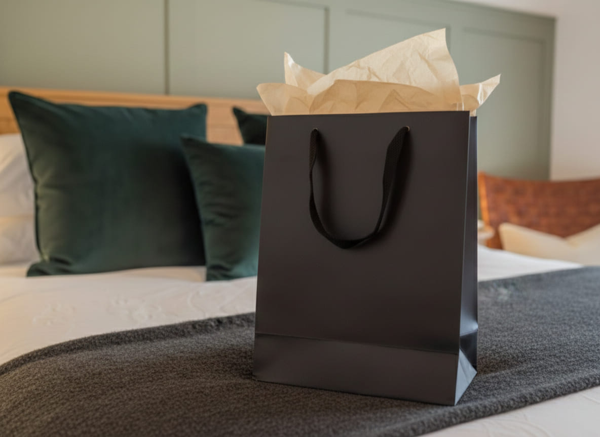 A bedroom with a welcome gift laid out