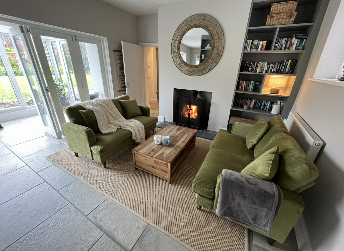 The lounge at South Creek Retreat, with its log burner and deep sofas