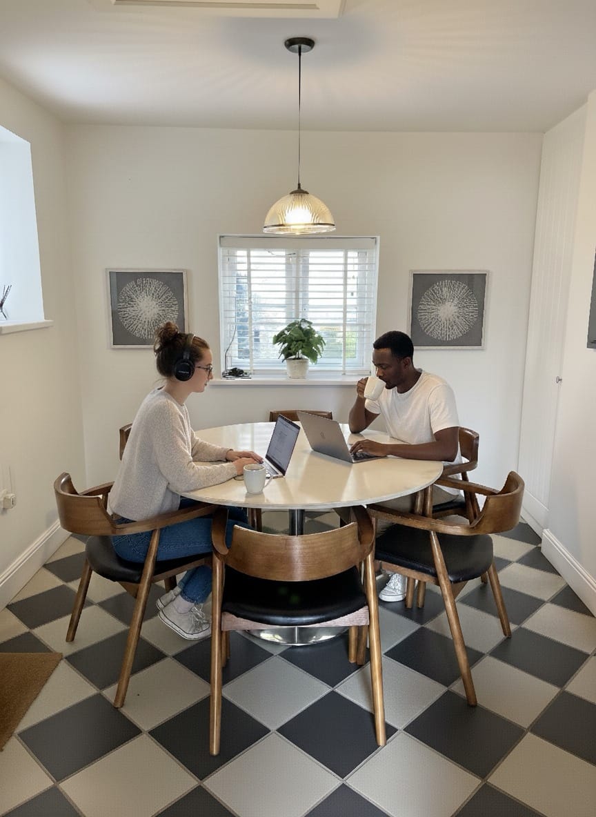 Colleagues working at the chequerboard dining table