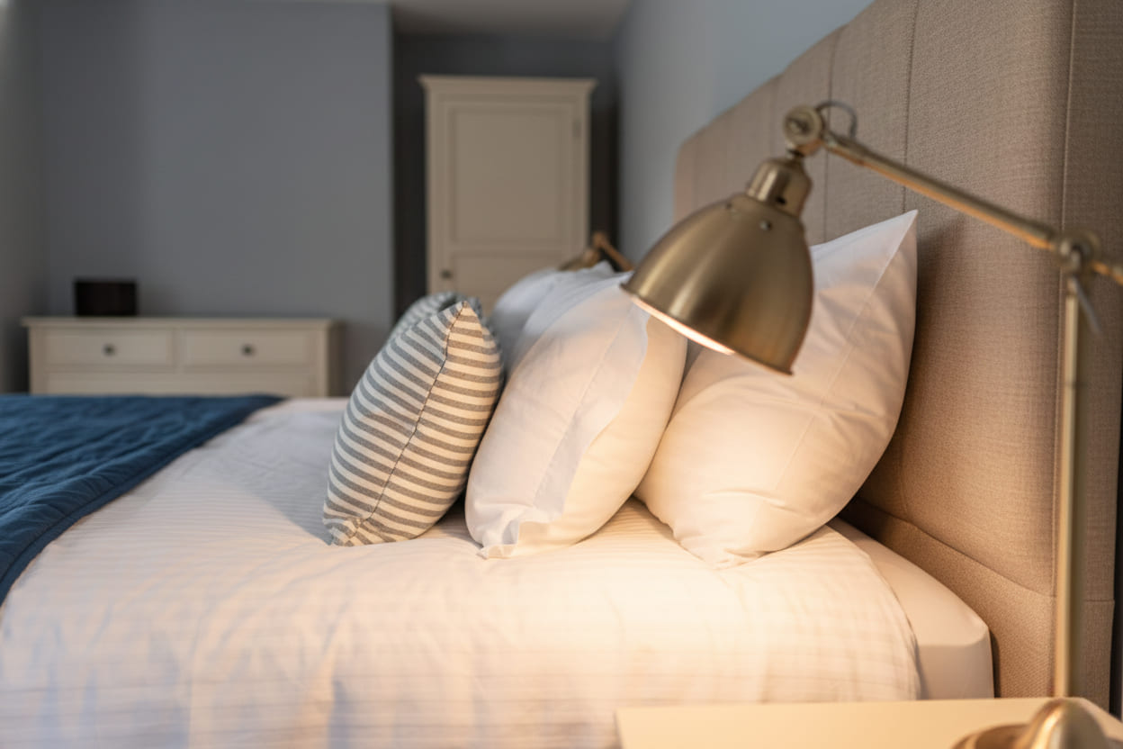 Linen and a reading lamp on the bed at South Creek Retreat