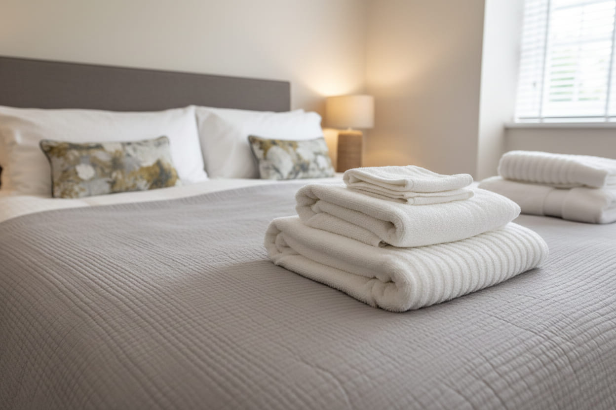Fresh towels laid out on the bed at South Creek Retreat