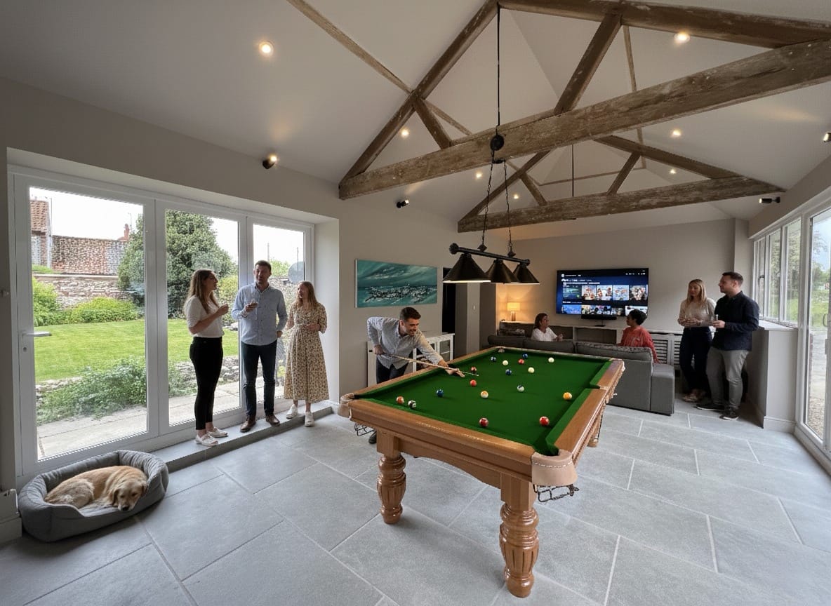 A team round the pool table in the games room