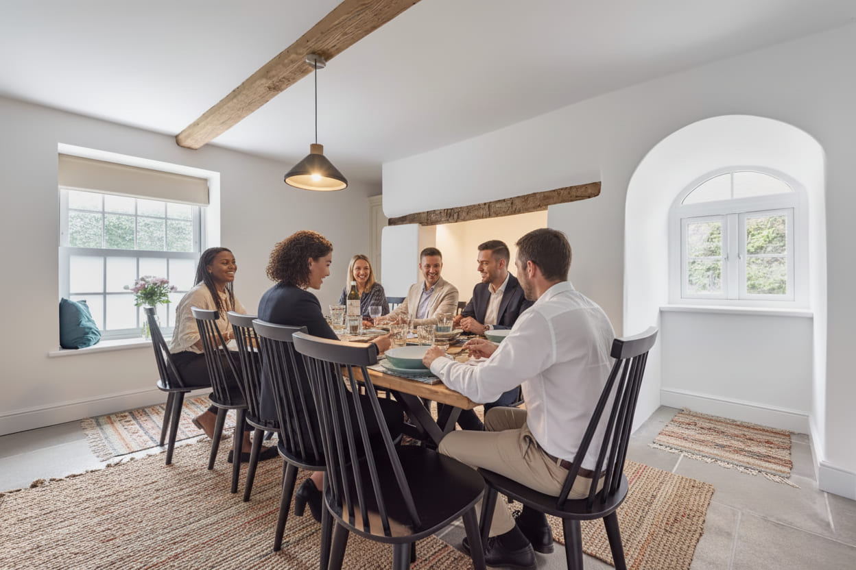 A team round the long dining table at South Creek Retreat
